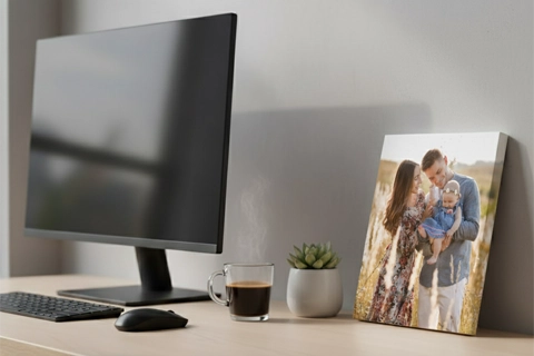 mini canvas on a desk with a family photo