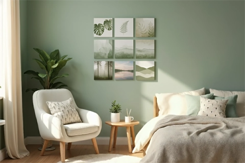 grid of mini canvas displayed in the bedroom wall