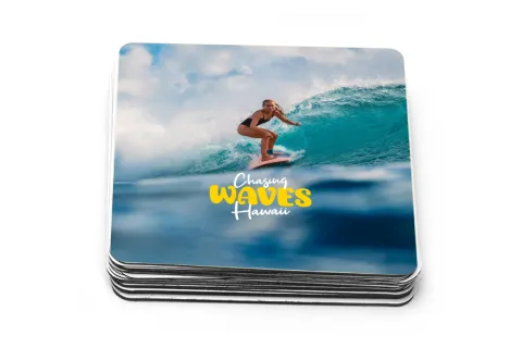 Stack of personalised square photo stickers with surf photo design