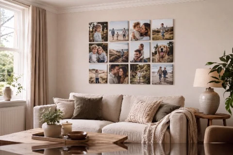 MIXPIX® photo tiles arranged in a grid on a living-room wall