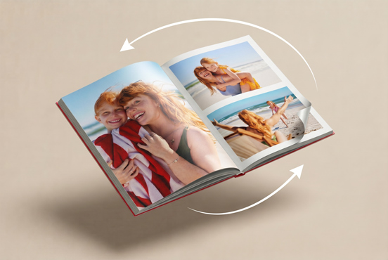 3D preview of an open photo book before ordering