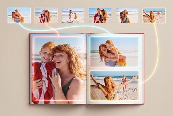 Photos arranging themselves into a beautifully designed photo book layout